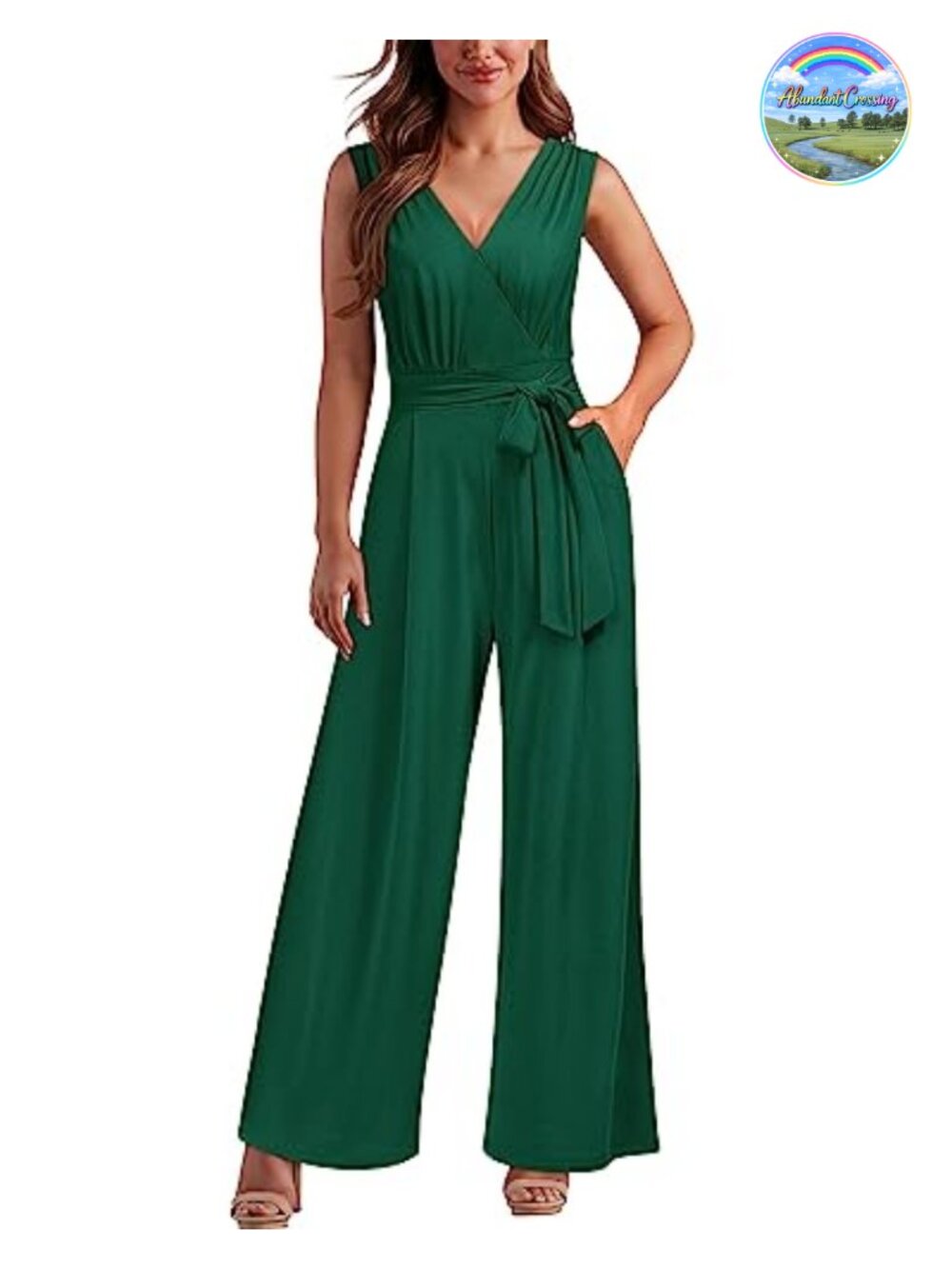 Sleeveless Deep V Neck Wide Leg Dressy Jumpsuit with Belt